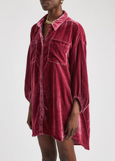 Vintage Bischofsärmel Button Up Samt High Low Shirt Kleid - Weinrot